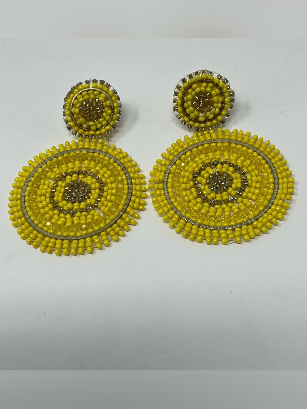 Yellow Beaded Drop Pierced Statement Earrings 2 1/2 Inches Long